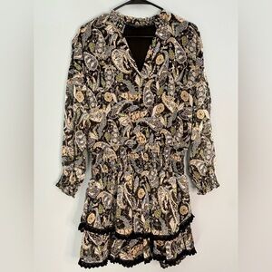 Anthropologie Central Park West Dress Paisley Black Smocked Long Sleeve Size Sm
